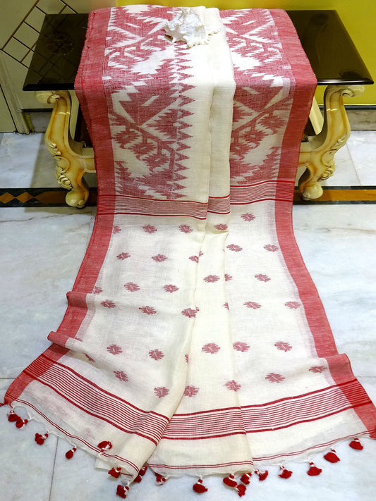Woven Karat Work Border Linen Jamdani Saree in White and Red