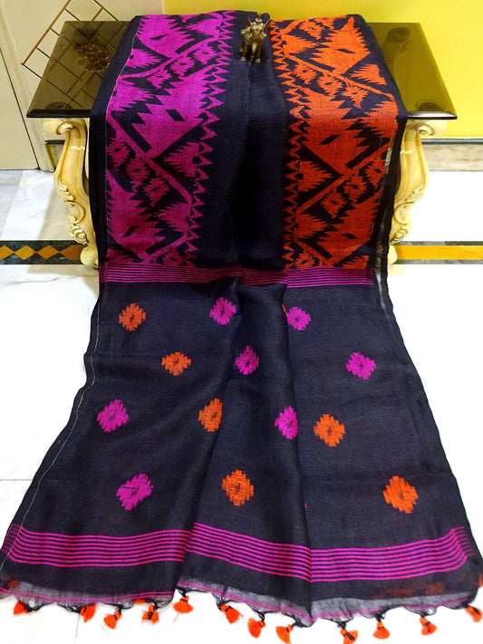 Woven Karat Work Border Linen Jamdani Saree in Black, Purple and Orange