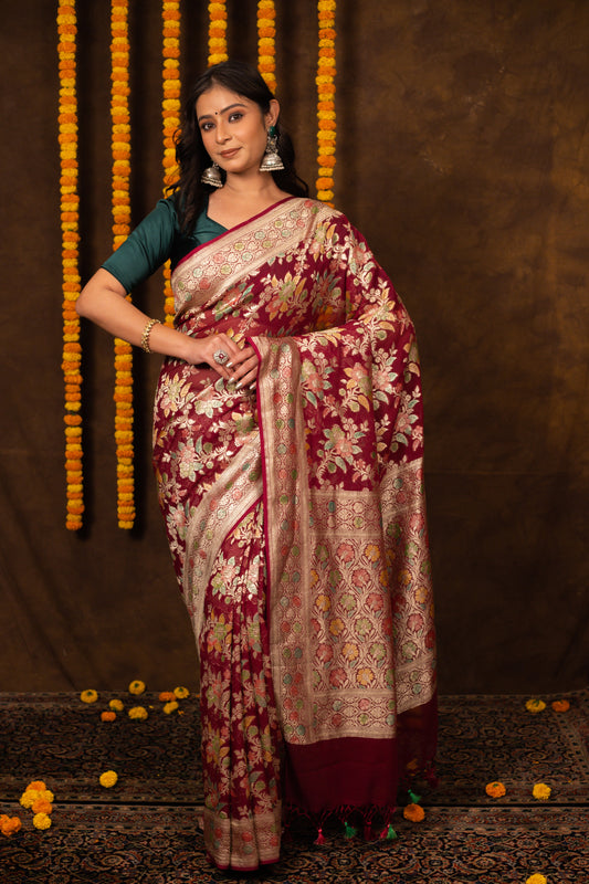 Cheery Red Saree Georgette Khaddi Silk - Panaya