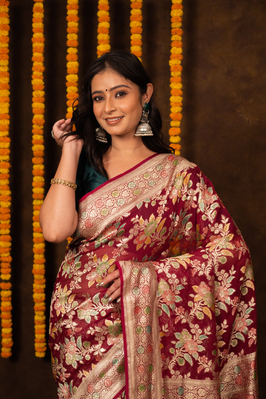 Cheery Red Saree Georgette Khaddi Silk - Panaya