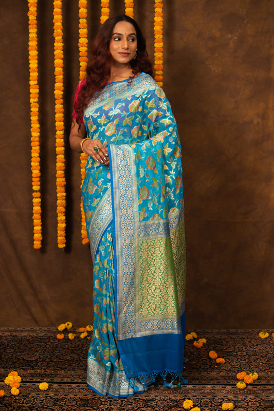 Teal Saree Georgette Khaddi Silk - Panaya
