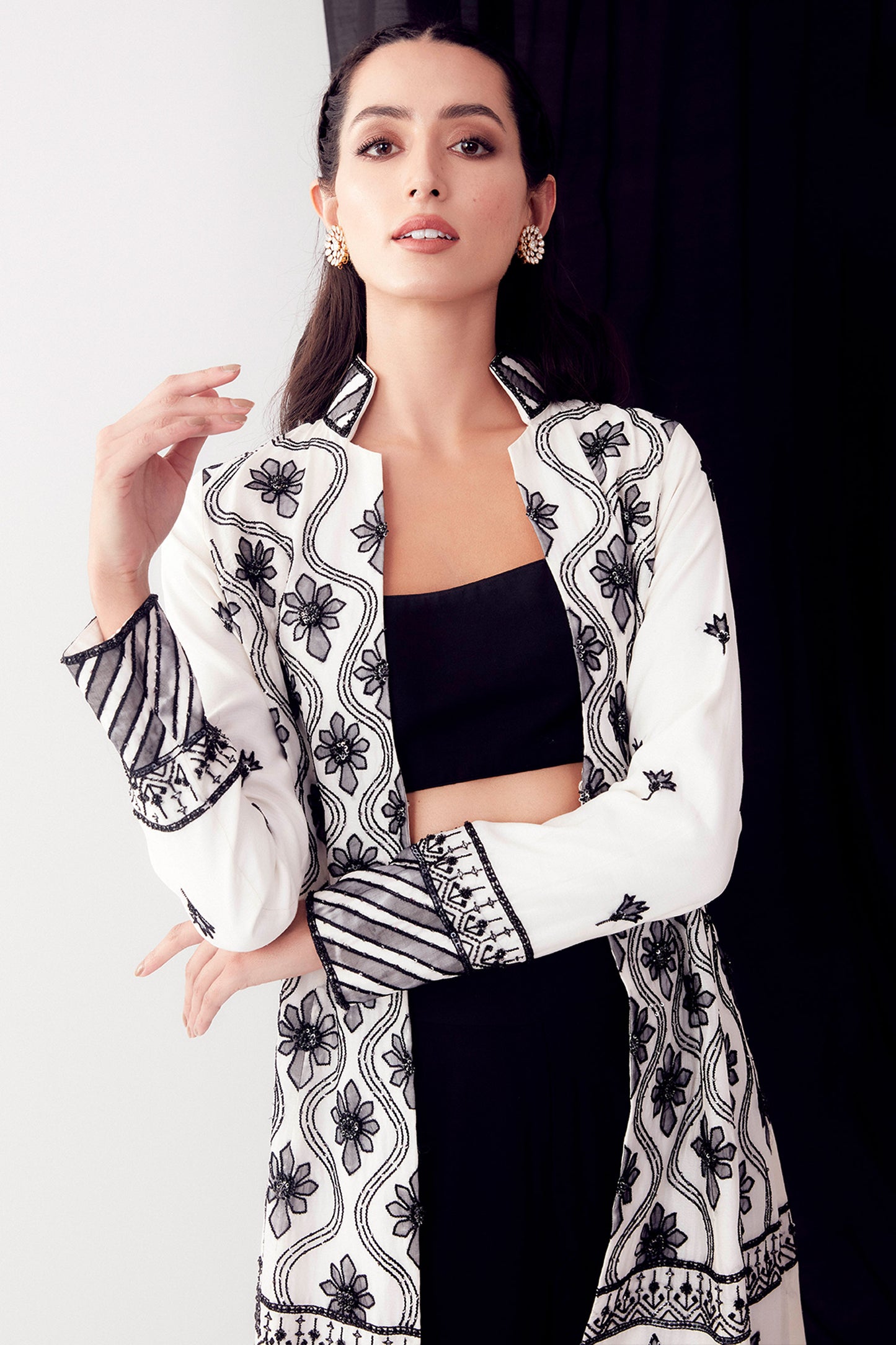 Black & White Applique Work Jacket Set - Aarambh