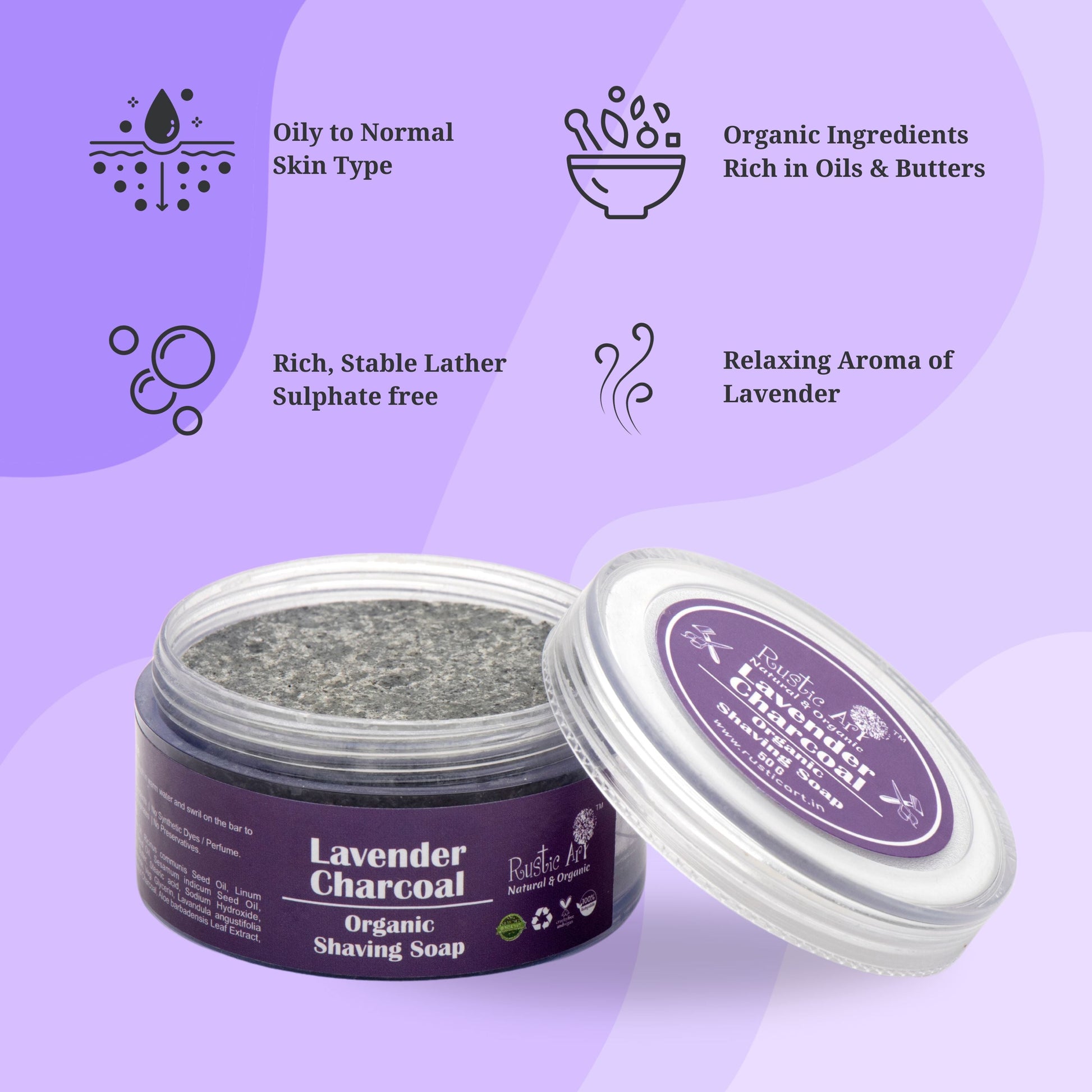 Lavender Charcoal Shaving Soap (50gm), Rustic Art