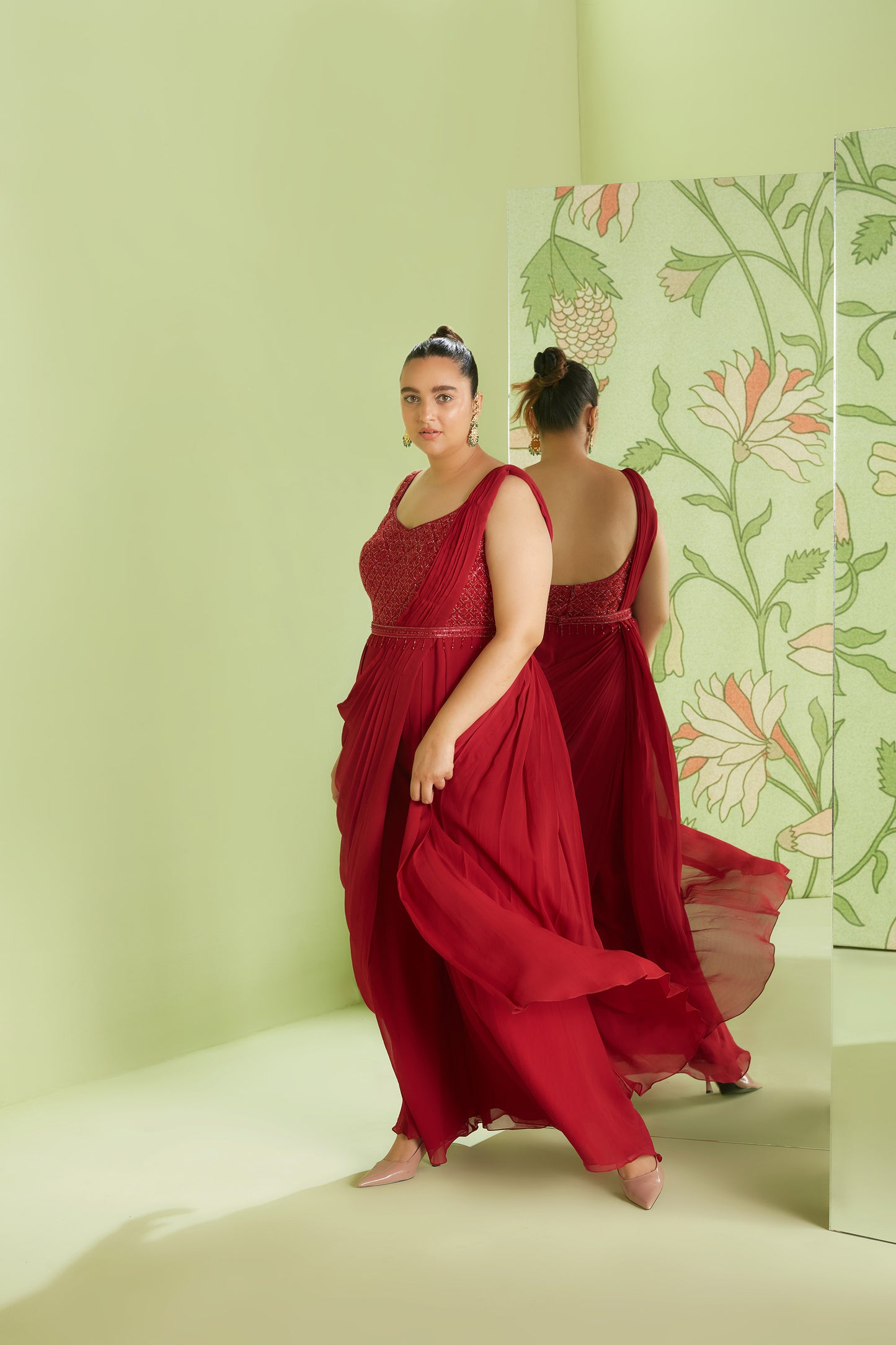 Cherry Red Georgette 3D Geometrical Embroidery Jumpsuit Saree