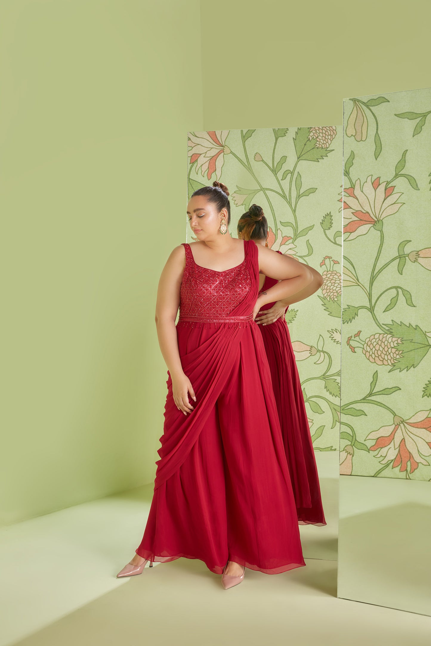 Cherry Red Georgette 3D Geometrical Embroidery Jumpsuit Saree