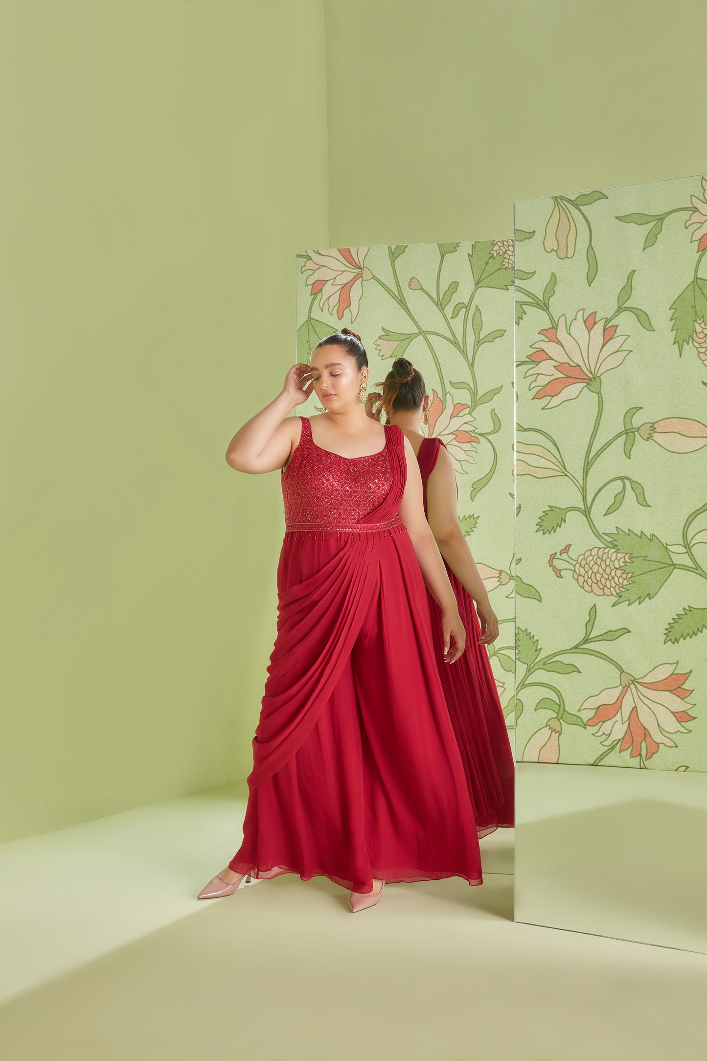 Cherry Red Georgette 3D Geometrical Embroidery Jumpsuit Saree