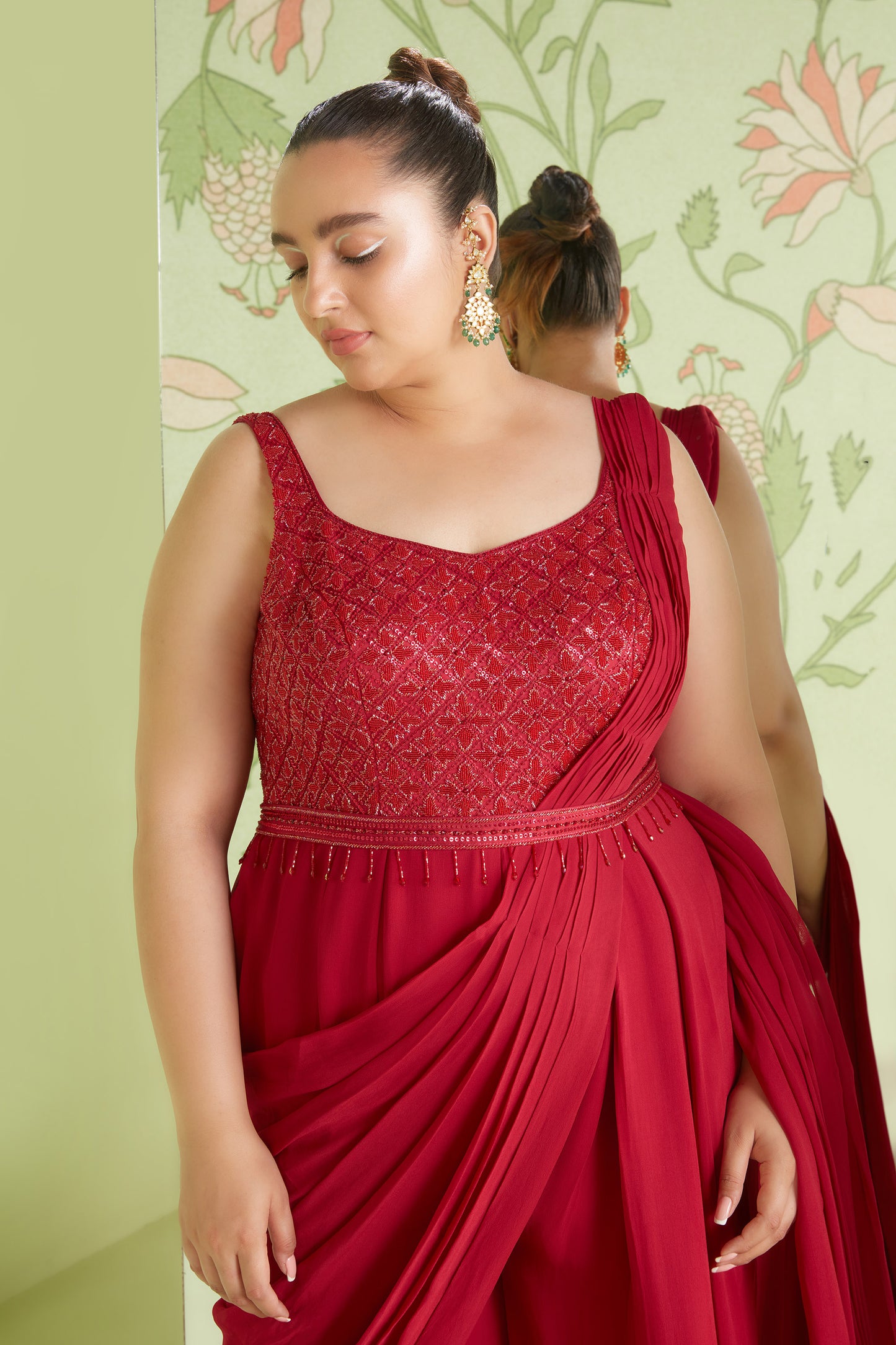 Cherry Red Georgette 3D Geometrical Embroidery Jumpsuit Saree