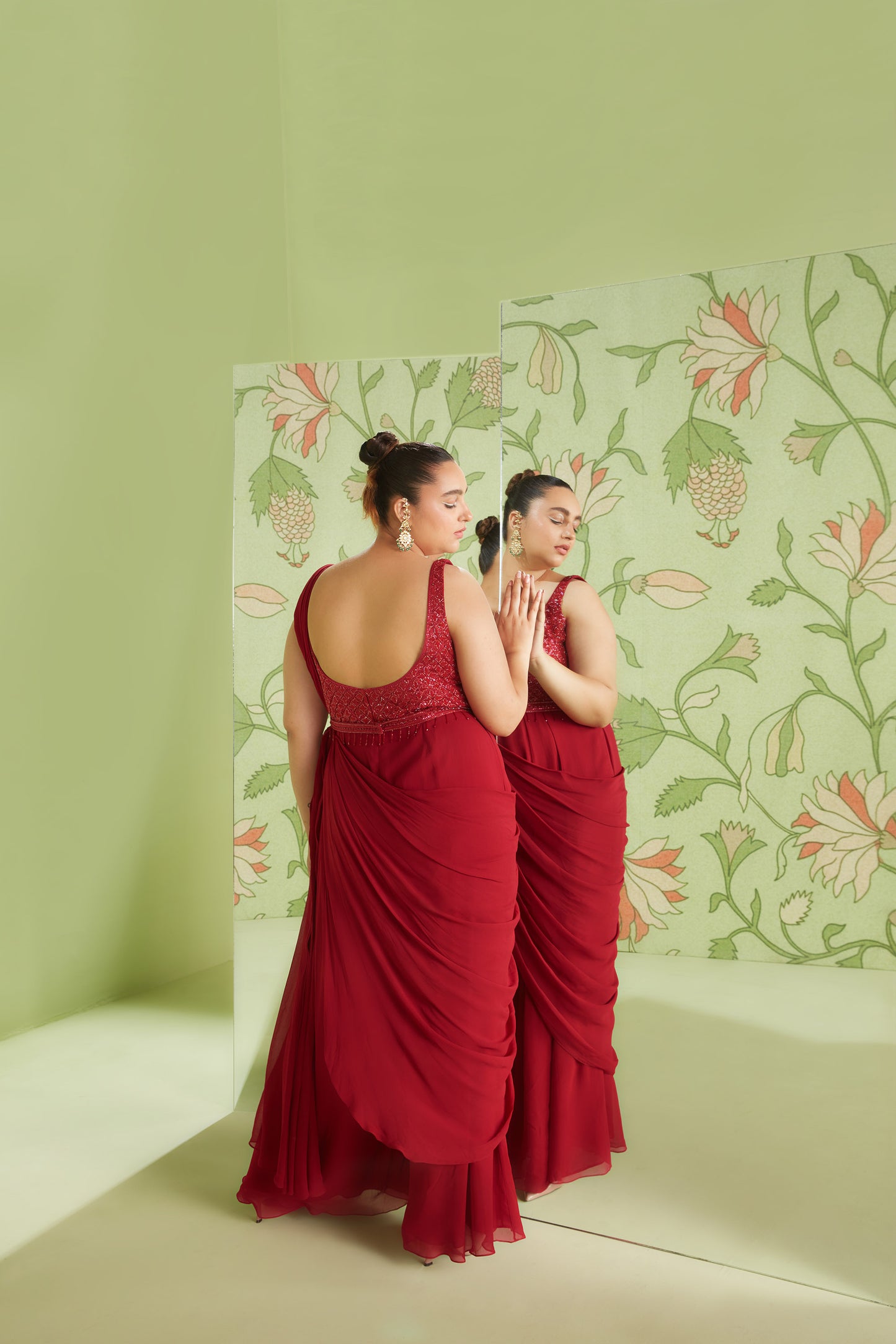 Cherry Red Georgette 3D Geometrical Embroidery Jumpsuit Saree