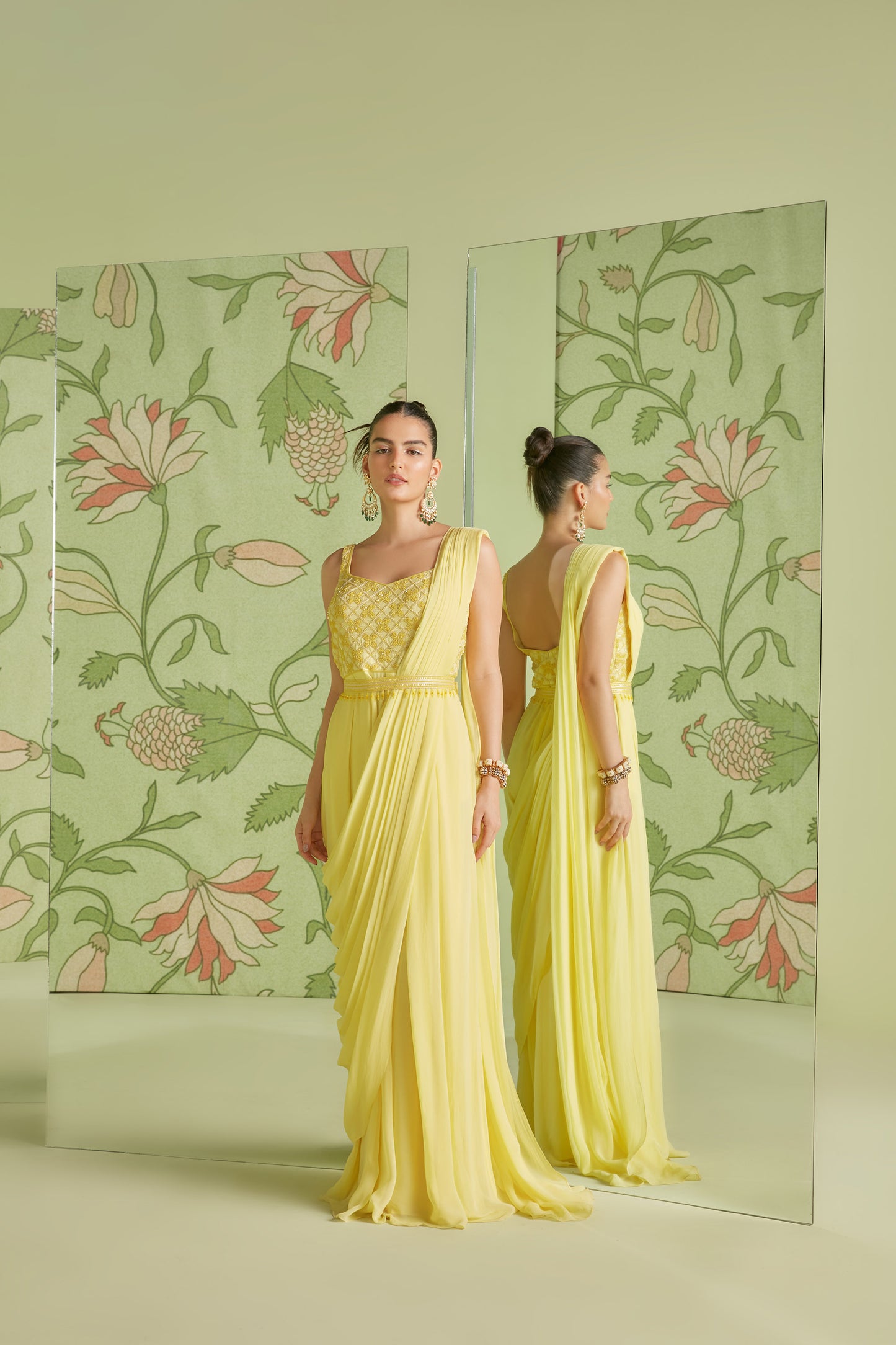Daffodil Yellow Georgette 3D Geometrical Embroidery Jumpsuit Saree