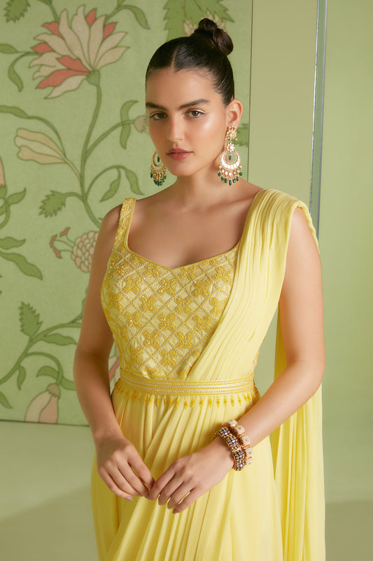 Daffodil Yellow Georgette 3D Geometrical Embroidery Jumpsuit Saree