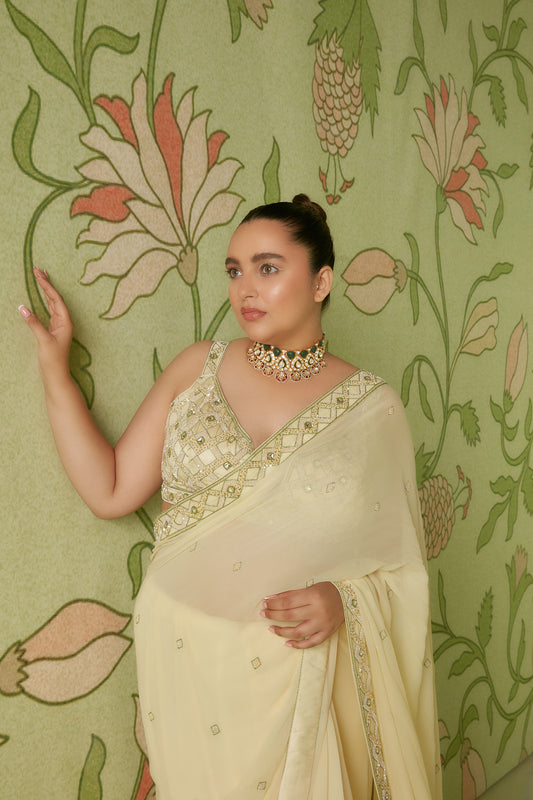 Ivory Signature 3D embroidered Georgette Hunar Saree