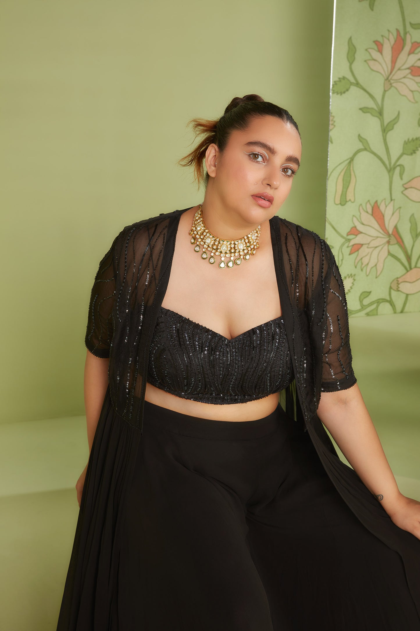 Black Georgette Embellished Hunar Indo western jacket set