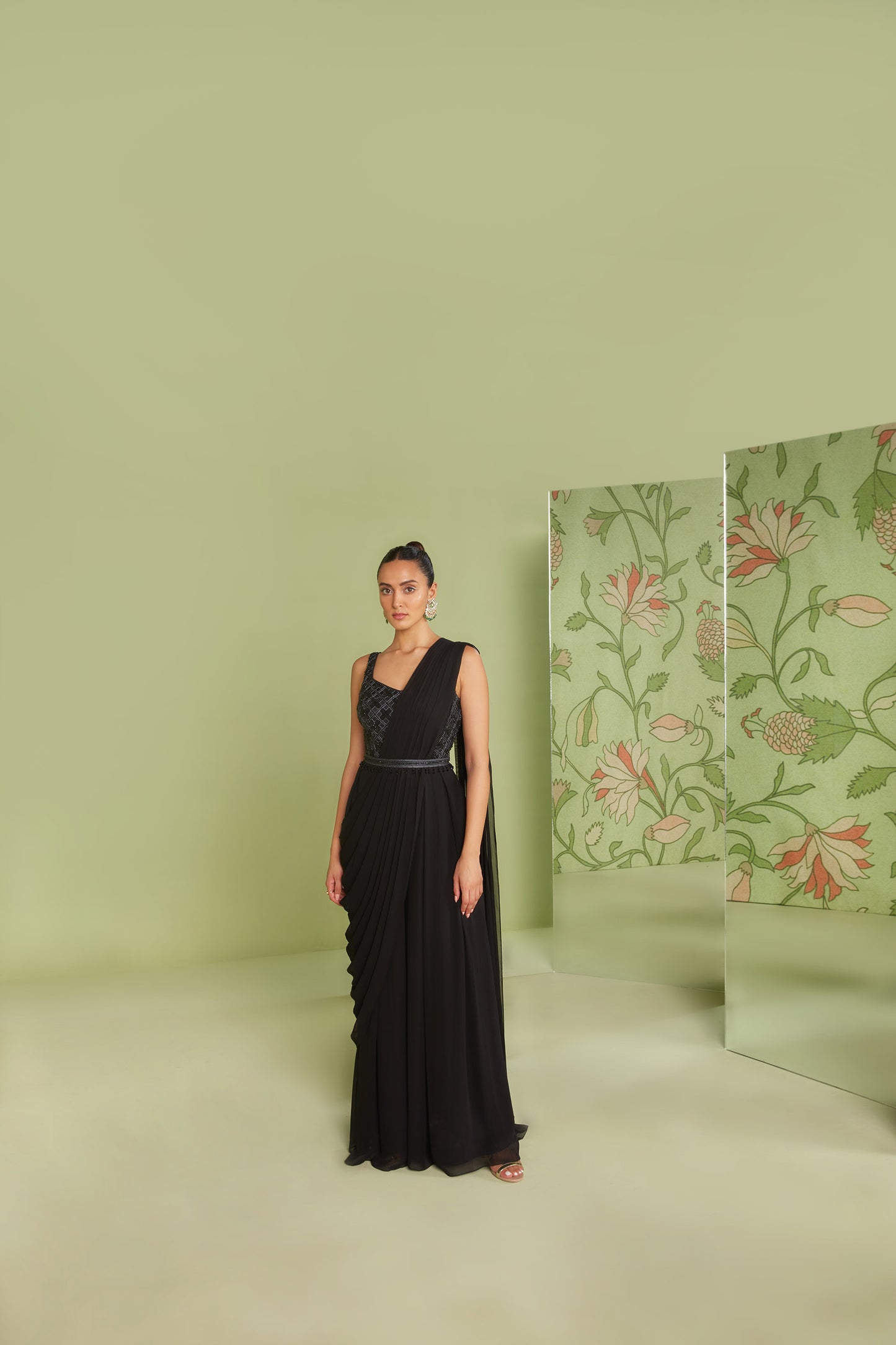 Black Georgette 3D Geometrical Embroidery Jumpsuit Saree