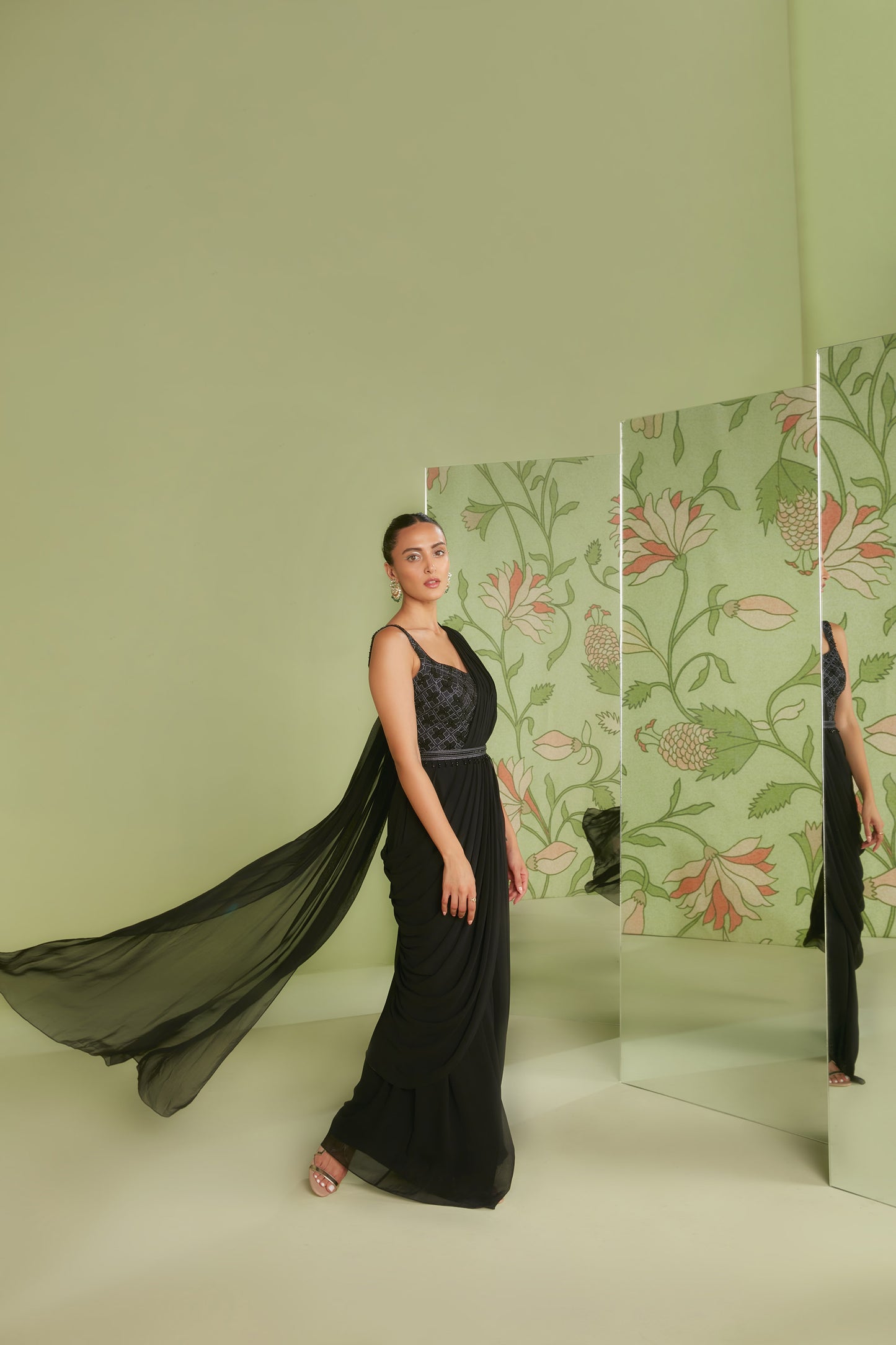 Black Georgette 3D Geometrical Embroidery Jumpsuit Saree