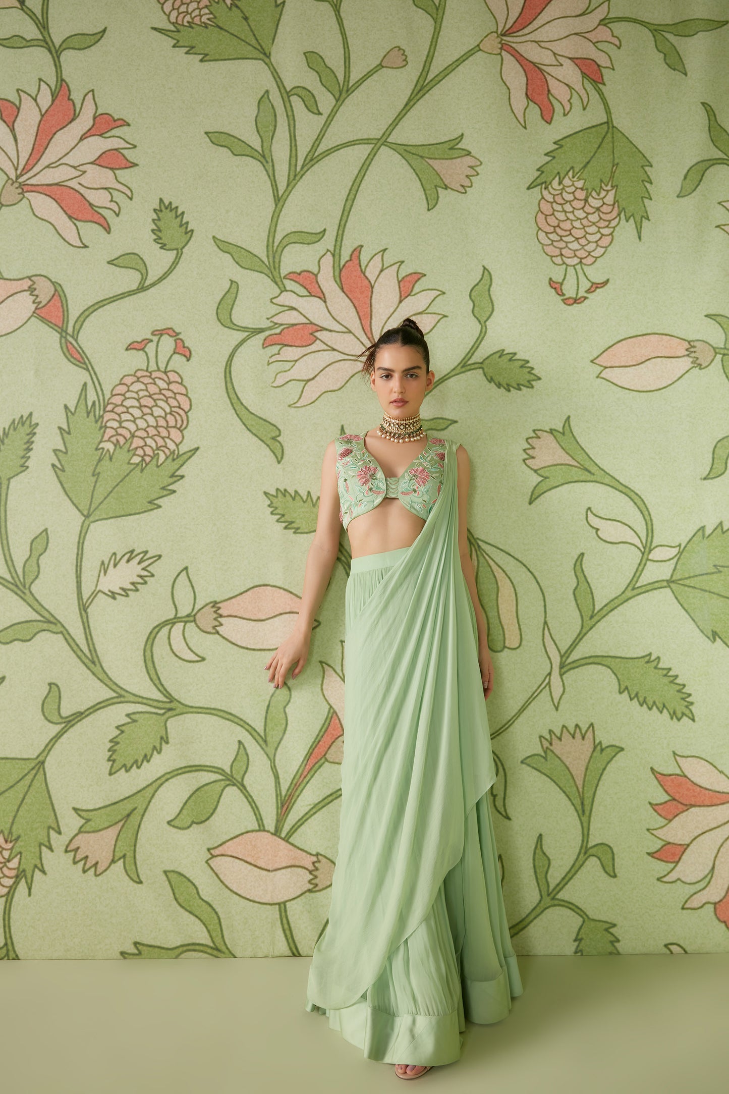 Sage green Gerogette Chintz artwork Pre-Draped Designer Saree