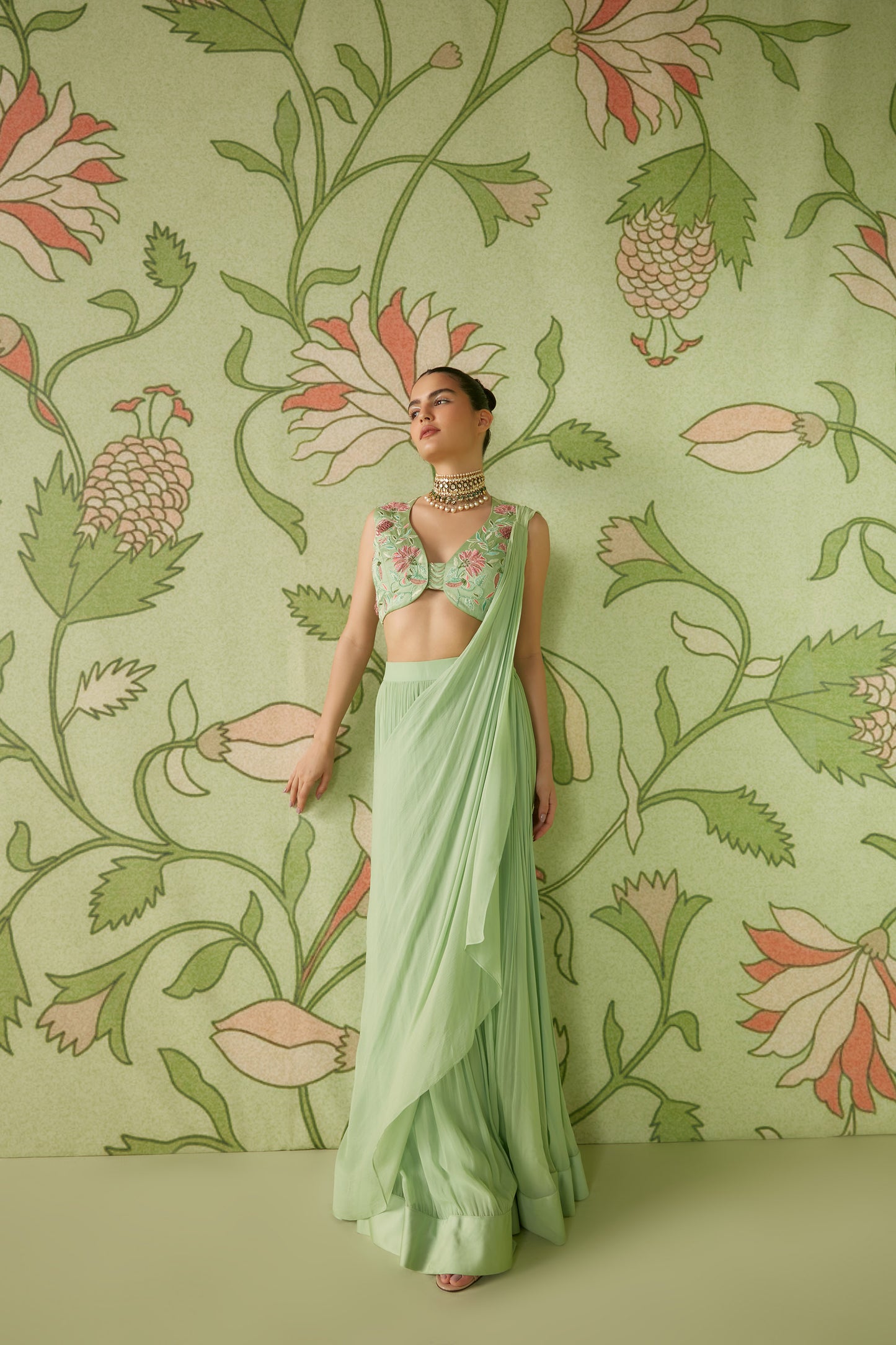 Sage green Gerogette Chintz artwork Pre-Draped Designer Saree