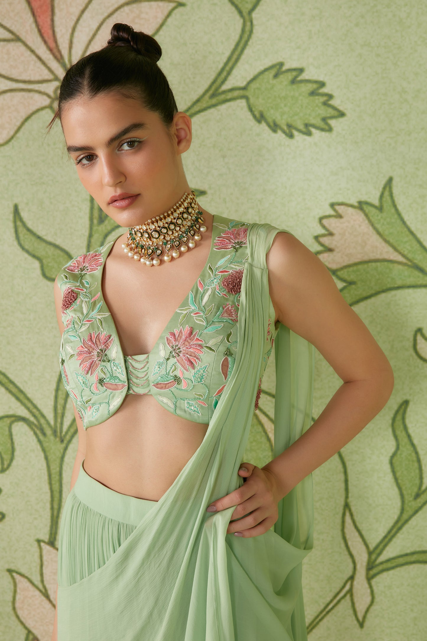 Sage green Gerogette Chintz artwork Pre-Draped Designer Saree