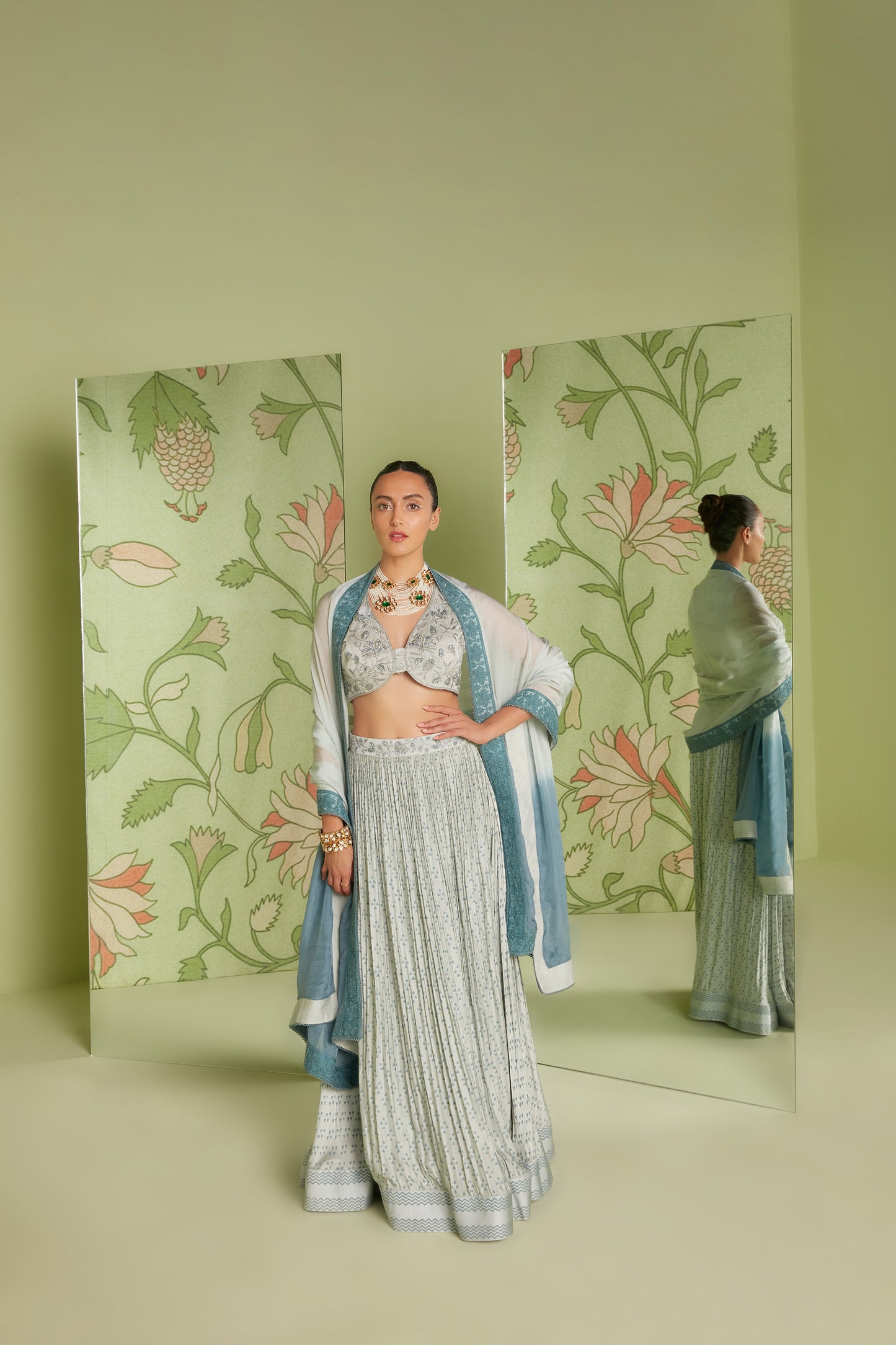 Cloud Grey Satin Chintz artwork Designer Lehenga Set