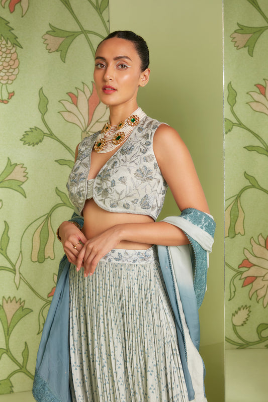 Cloud Grey Satin Chintz artwork Designer Lehenga Set