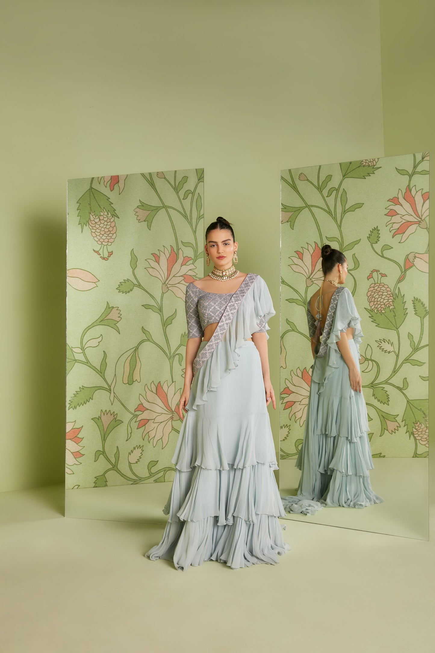 Grey Ruffle Georgette Hunar Party Saree