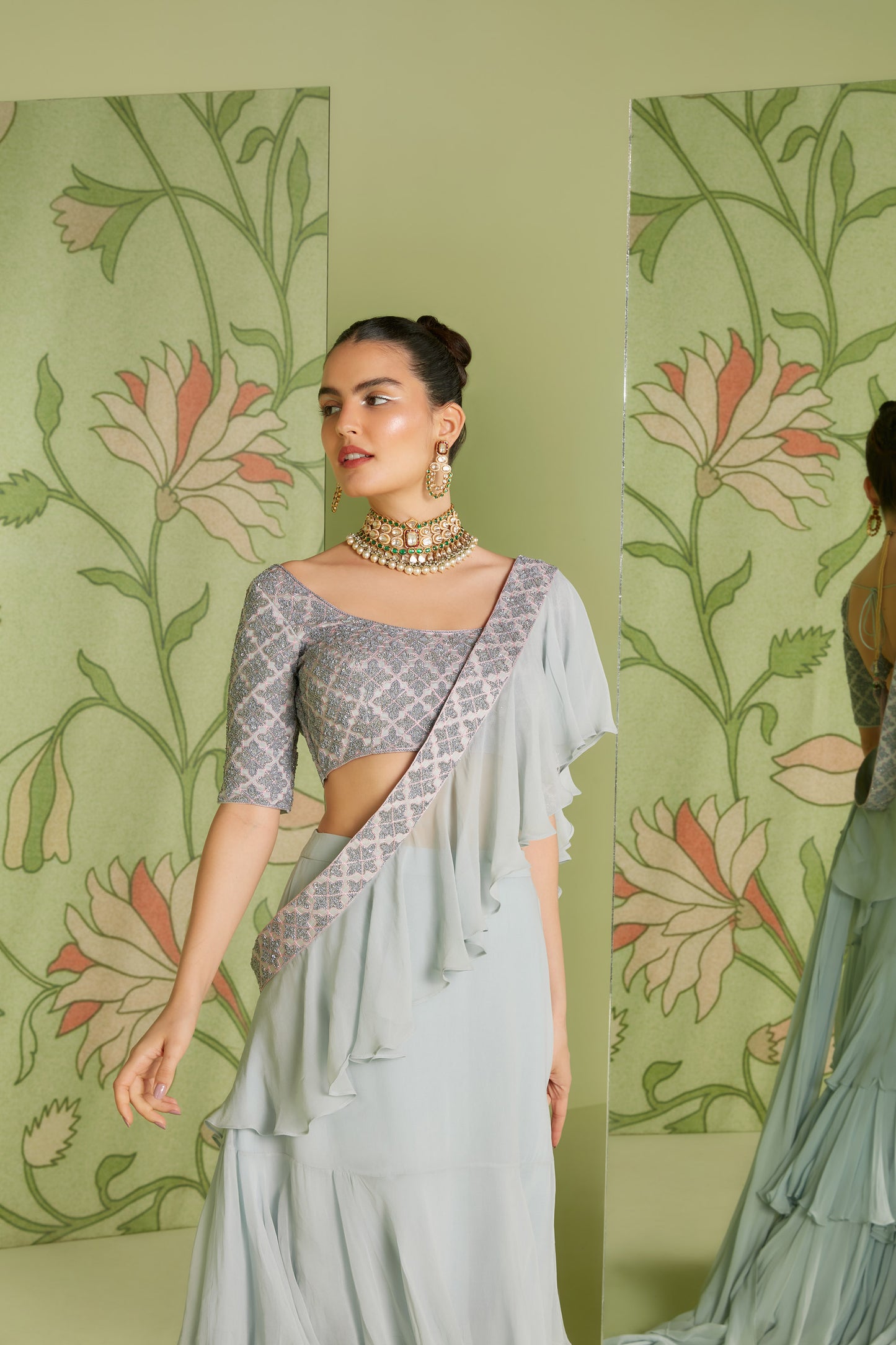 Grey Ruffle Georgette Hunar Party Saree