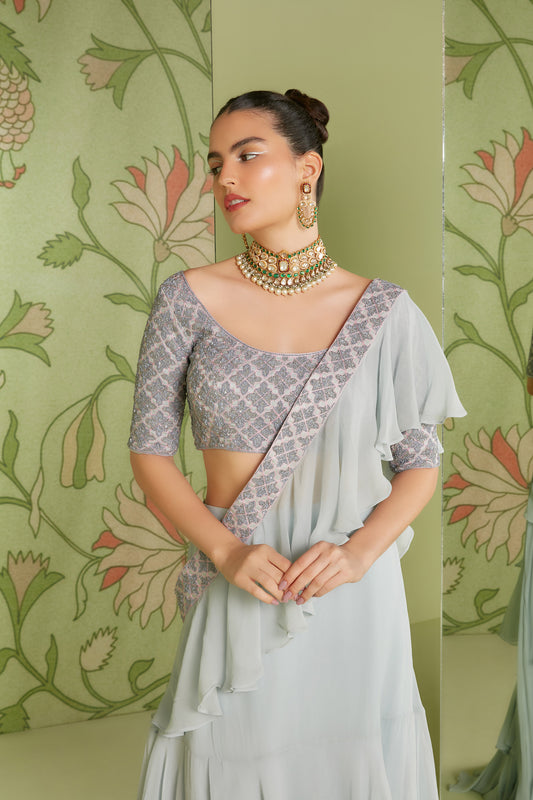 Grey Ruffle Georgette Hunar Party Saree