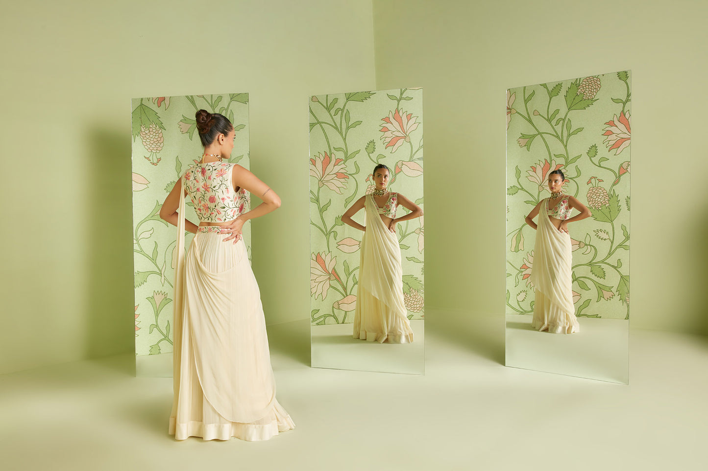 Ivory Gerogette Chintz artwork Pre-Draped Saree