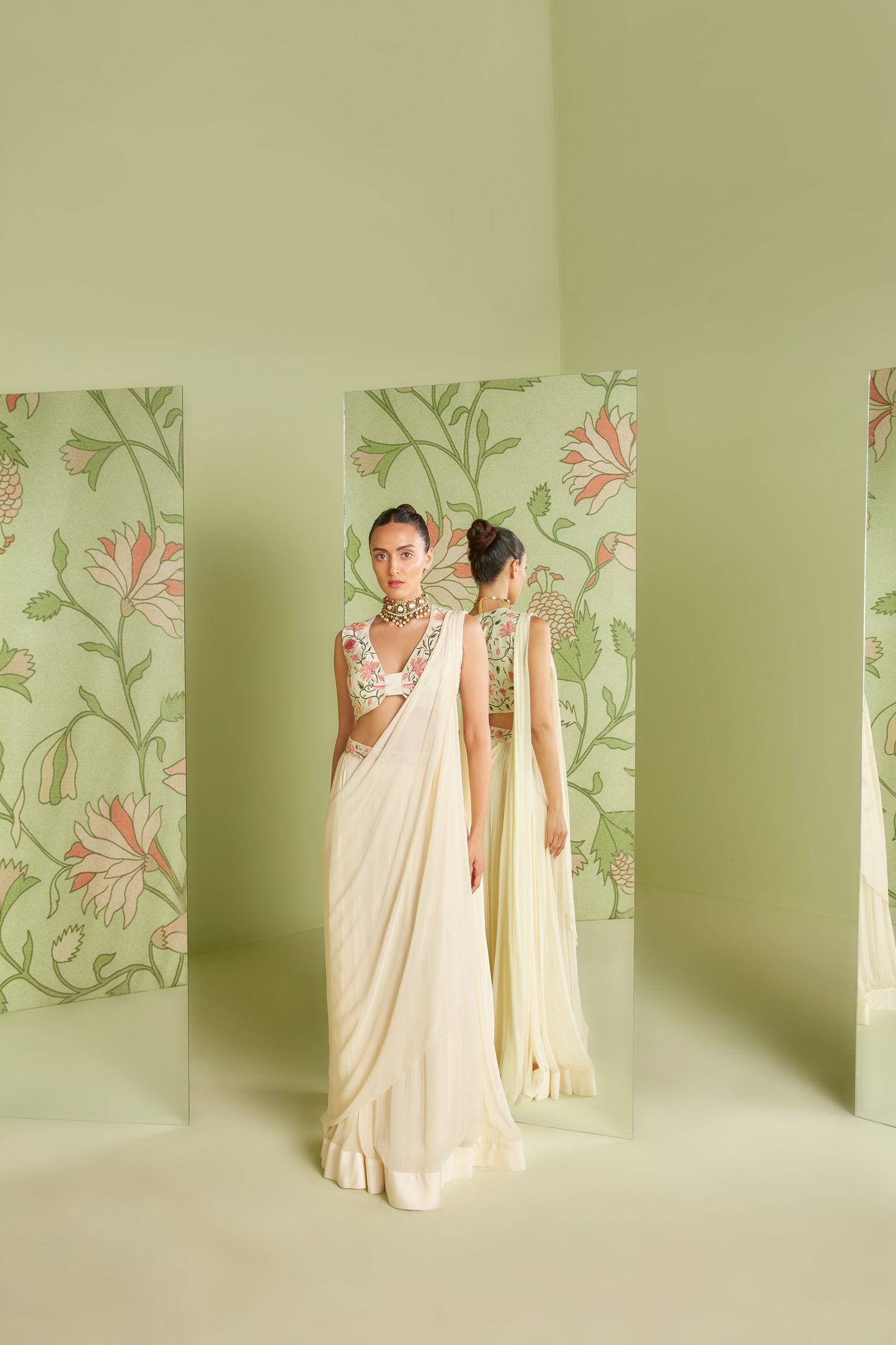Ivory Gerogette Chintz artwork Pre-Draped Saree