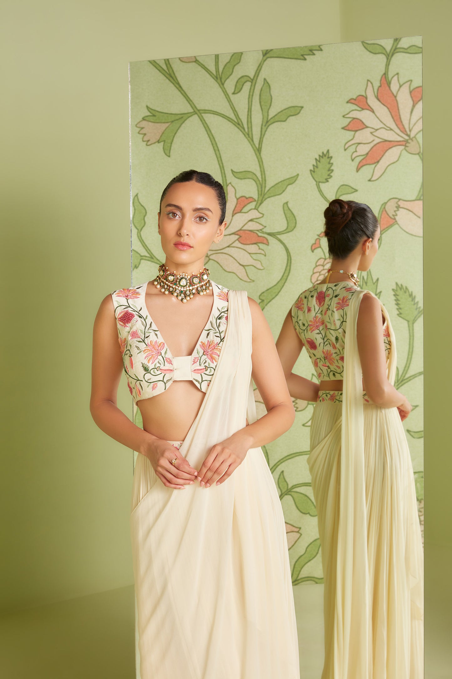 Ivory Gerogette Chintz artwork Pre-Draped Saree