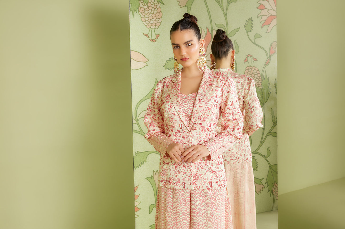 Pastel Pink Block Printed Satin Embellished Hunar jacket set