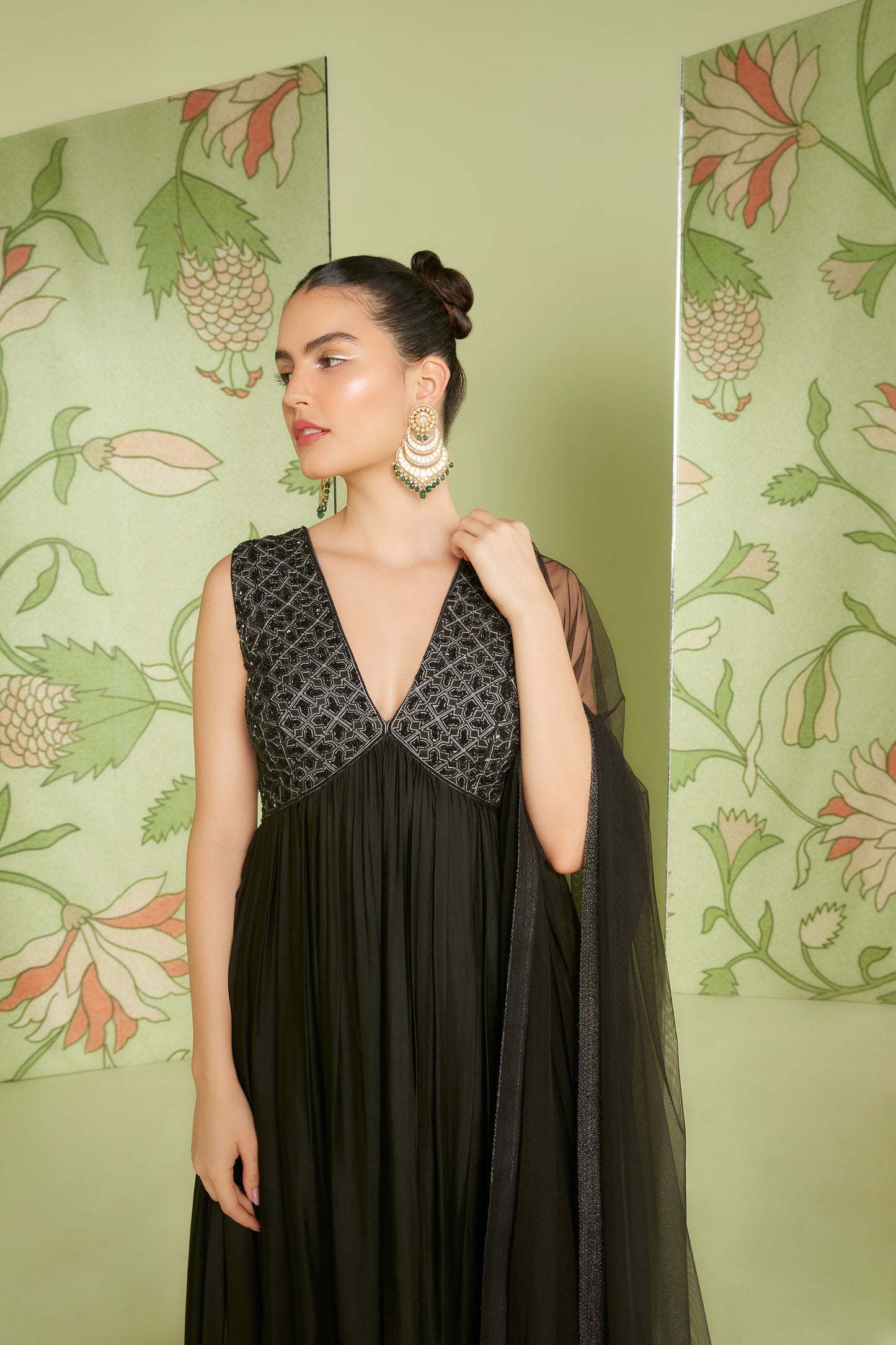 Black Crushed Modal Satin 3D embroidered Kalidaar