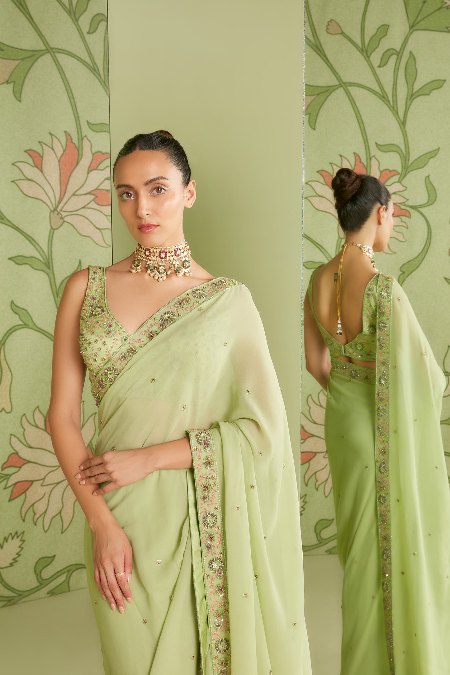 Pistachio Green Georgette Classic Hunar Saree