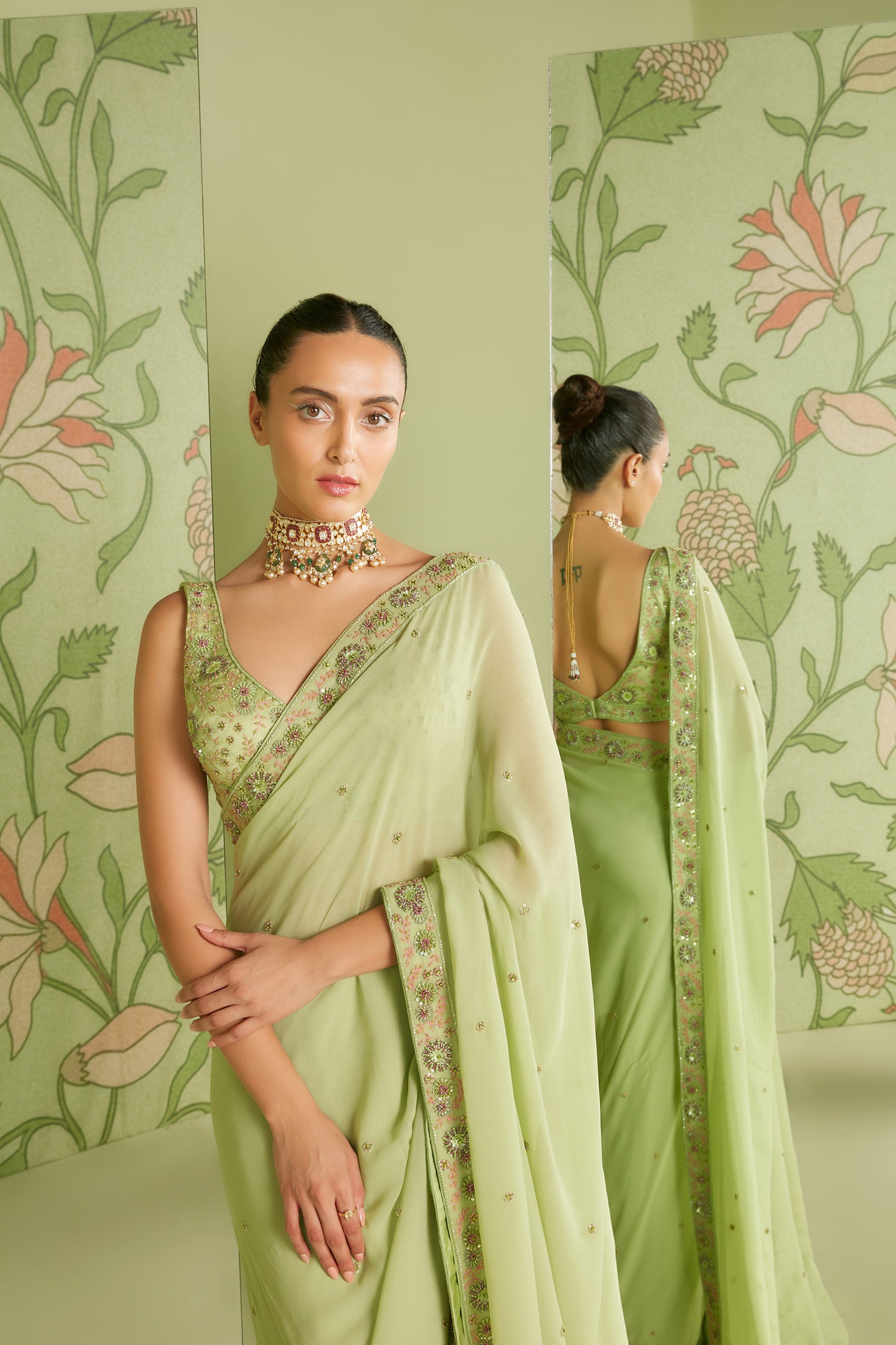 Pistachio Green Georgette Classic Hunar Saree