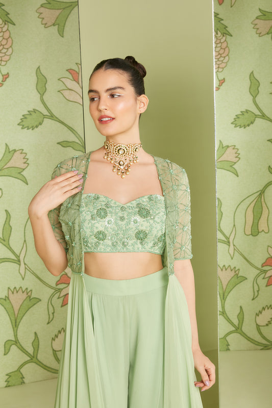 Indo Western Georgette Sage Green Hunar Jacket Set