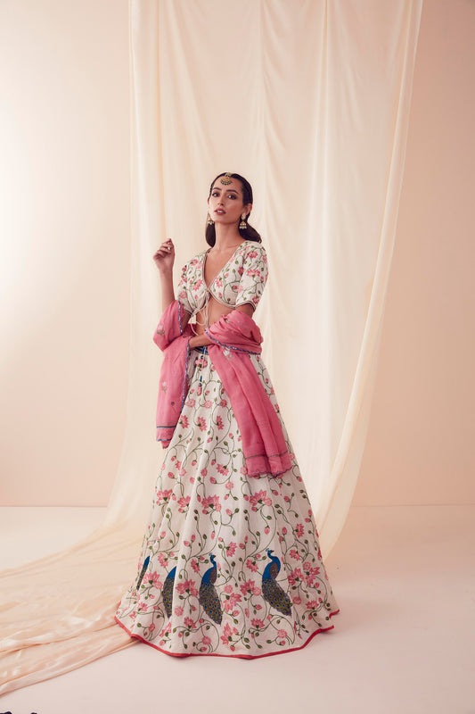 Ivory Lotus Garden Lehenga Set With Peacocks - Aarambh