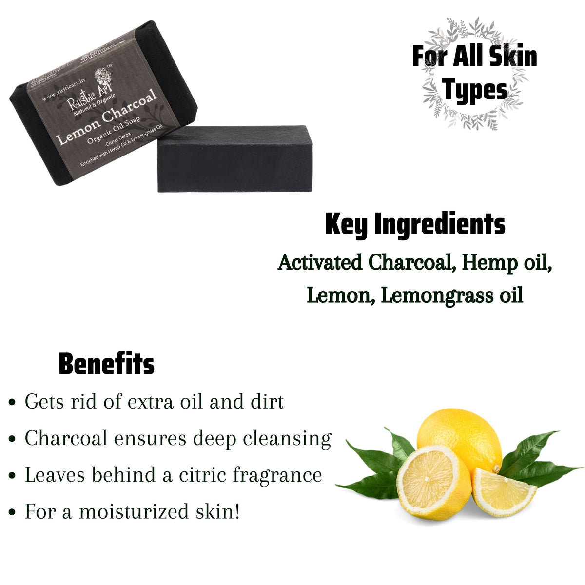 Lemon Charcoal Soap (100gm), Rustic Art