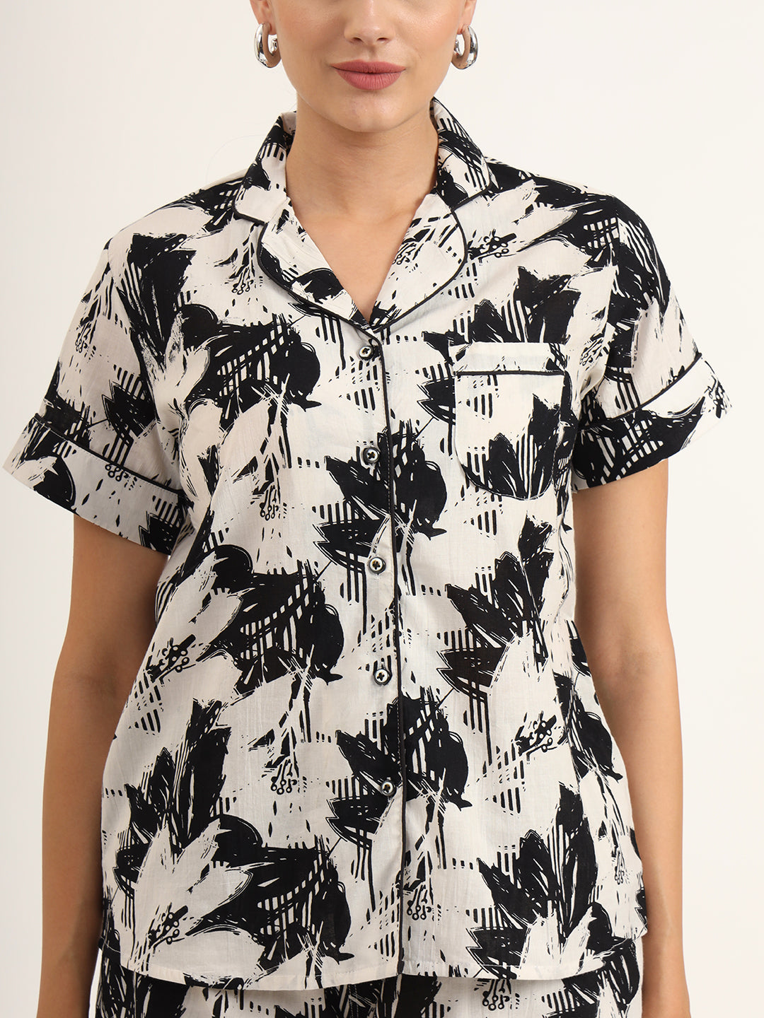 Black & White Asymetric Print Pure Cotton Regular Night Suit