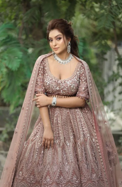 Light Brown Stone Embroidered Net Bridal Lehenga