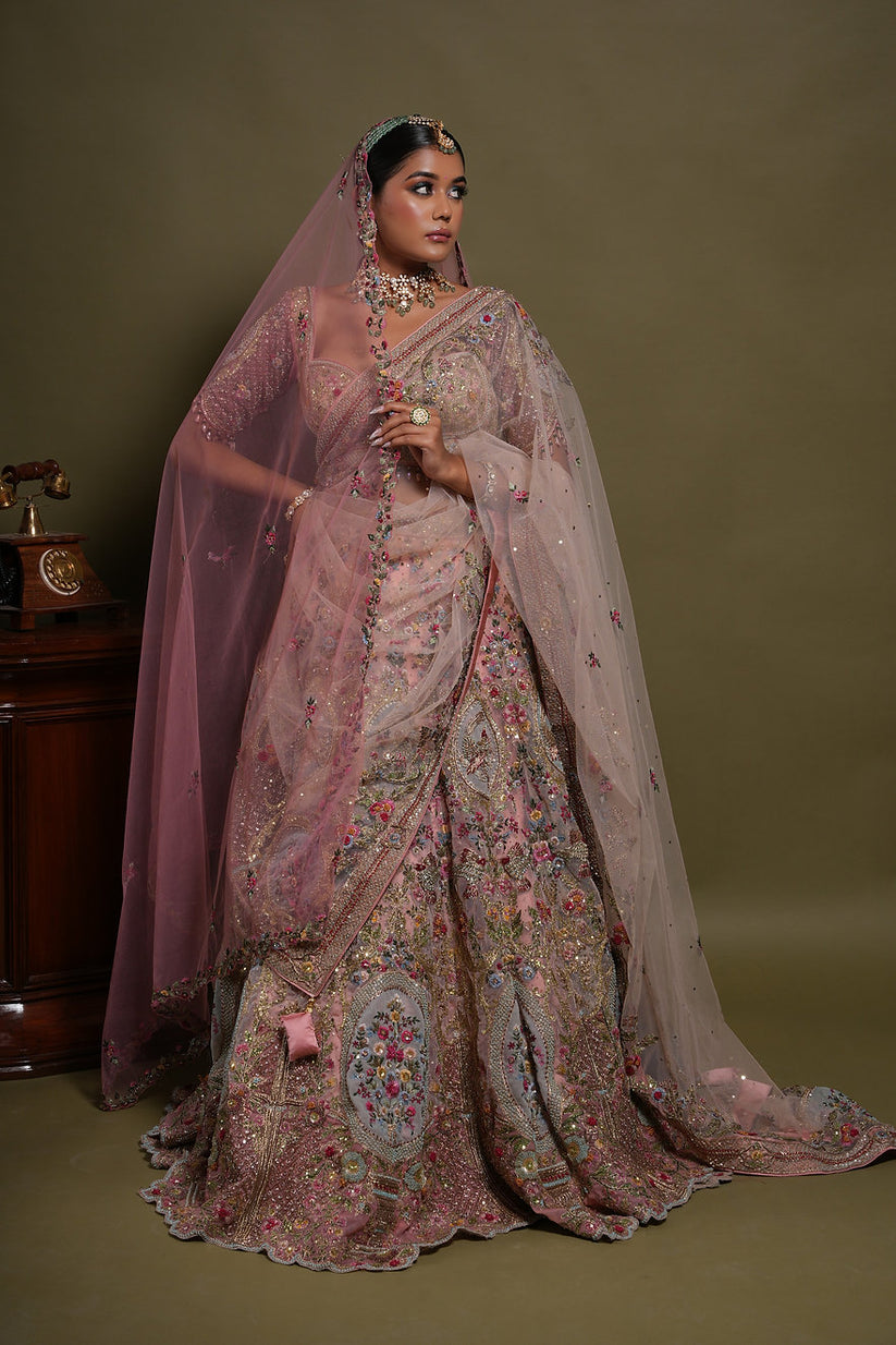 Light Pink With Multi Colored 3D Embroidered Floral Kalis Lehenga Choli