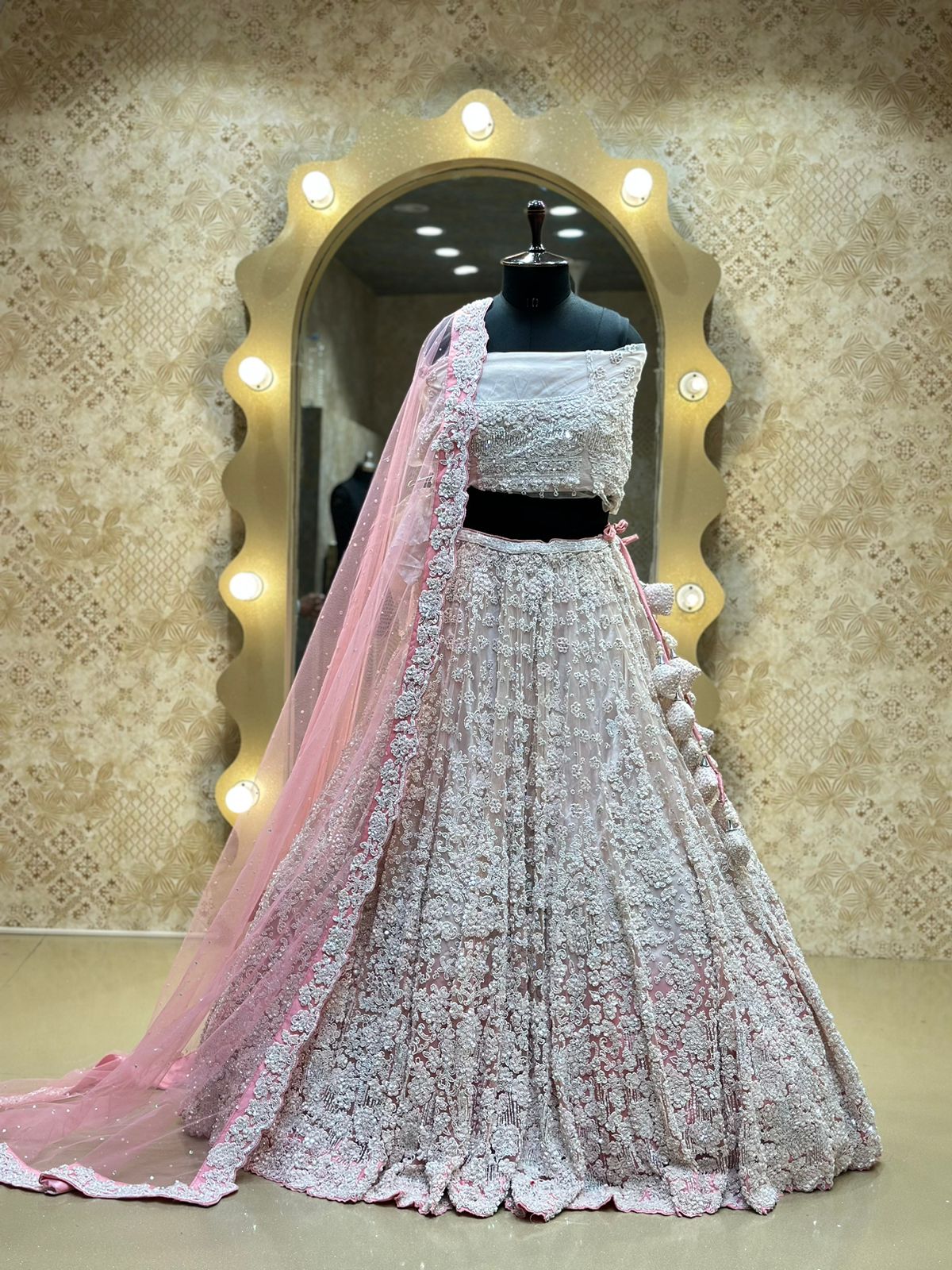 Light Pink Net Hand Embroidered with pearls Bridal Lehenga