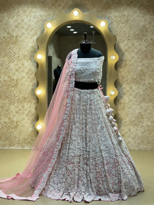 Light Pink Net Hand Embroidered with pearls Bridal Lehenga