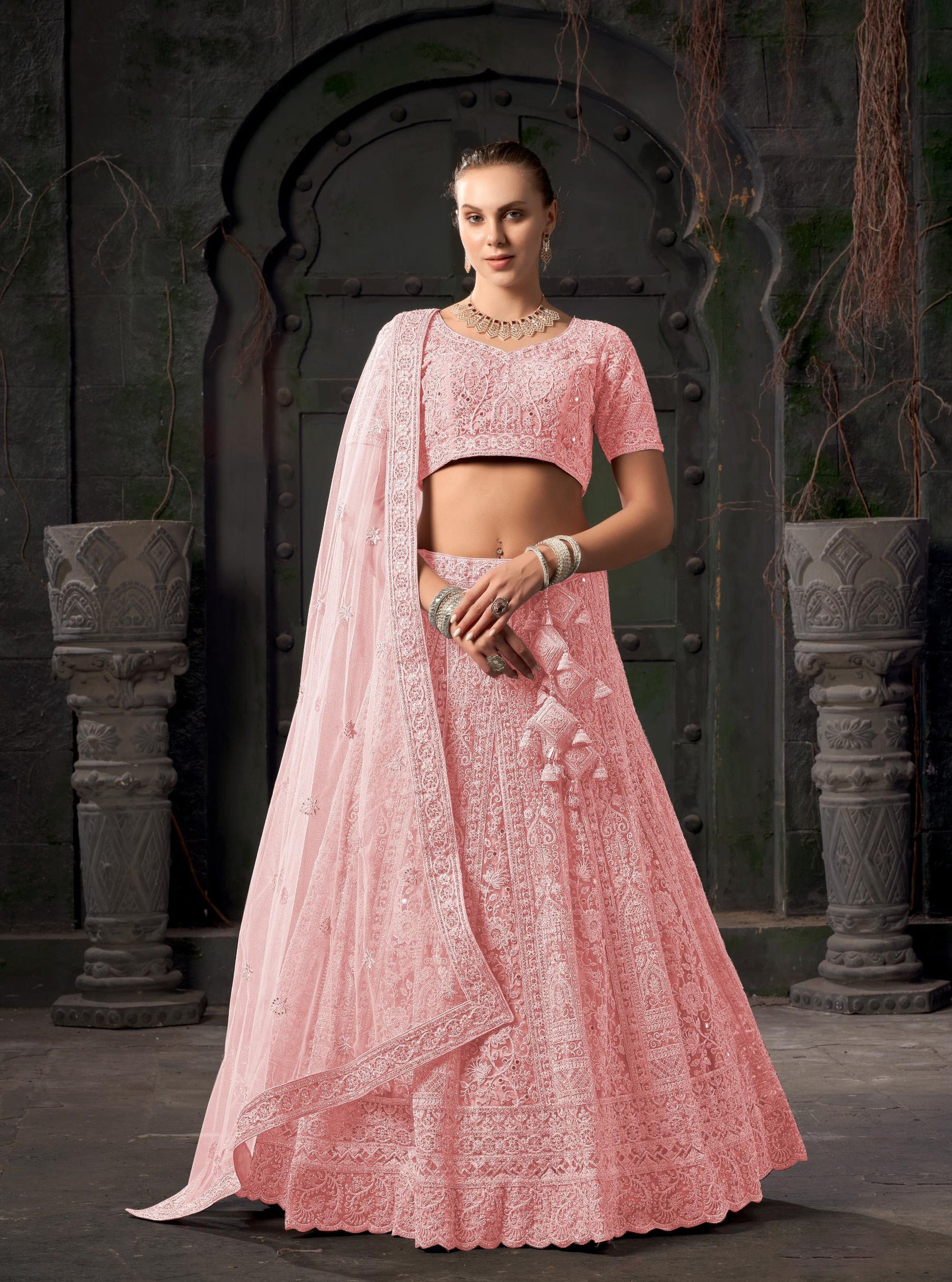 Light Pink Zarkan Embroidery Net Wedding Guest Lehenga