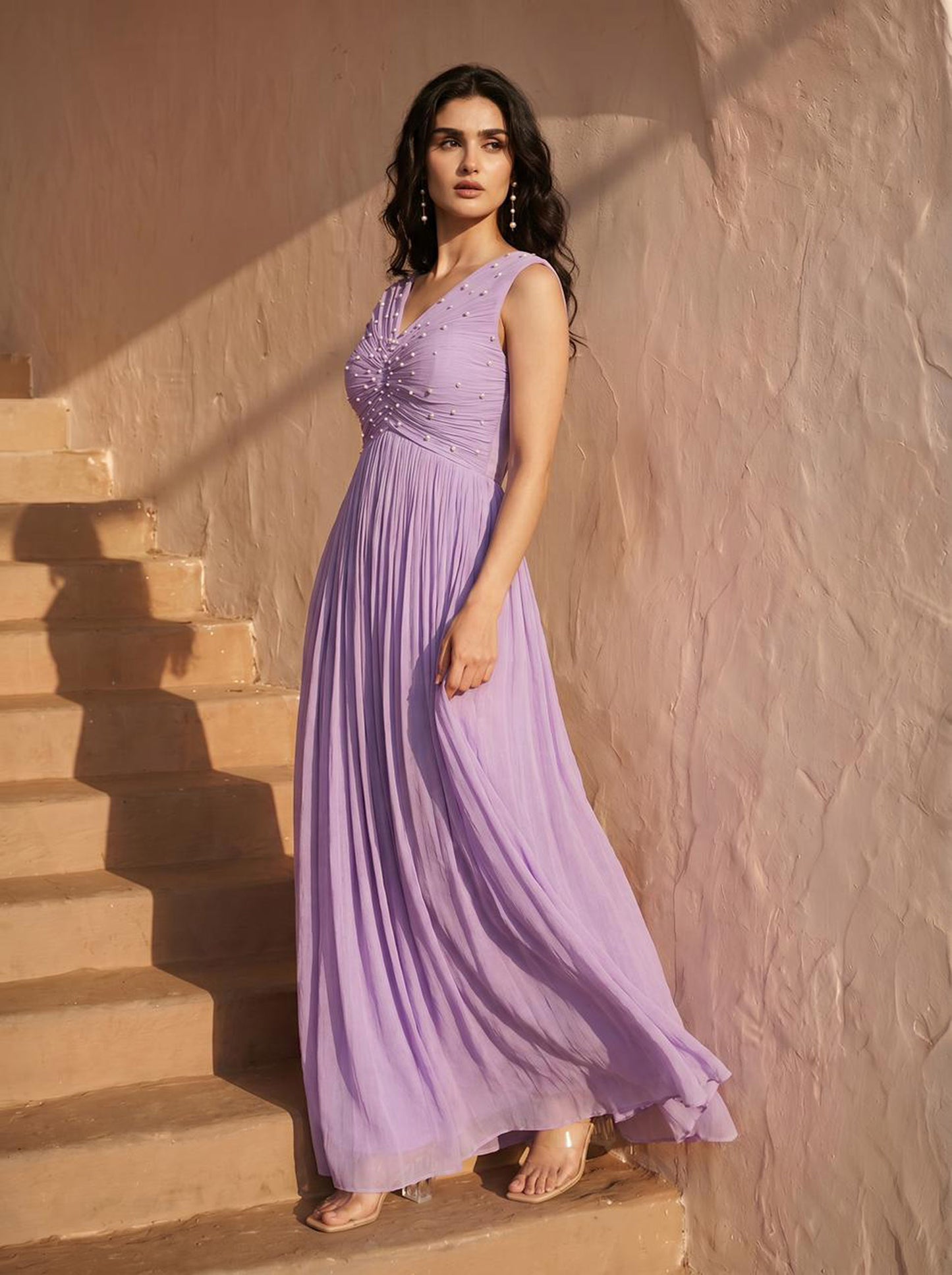 Lilac Pearl Embellished Chinon Party Wear Pleated Evening Gown
