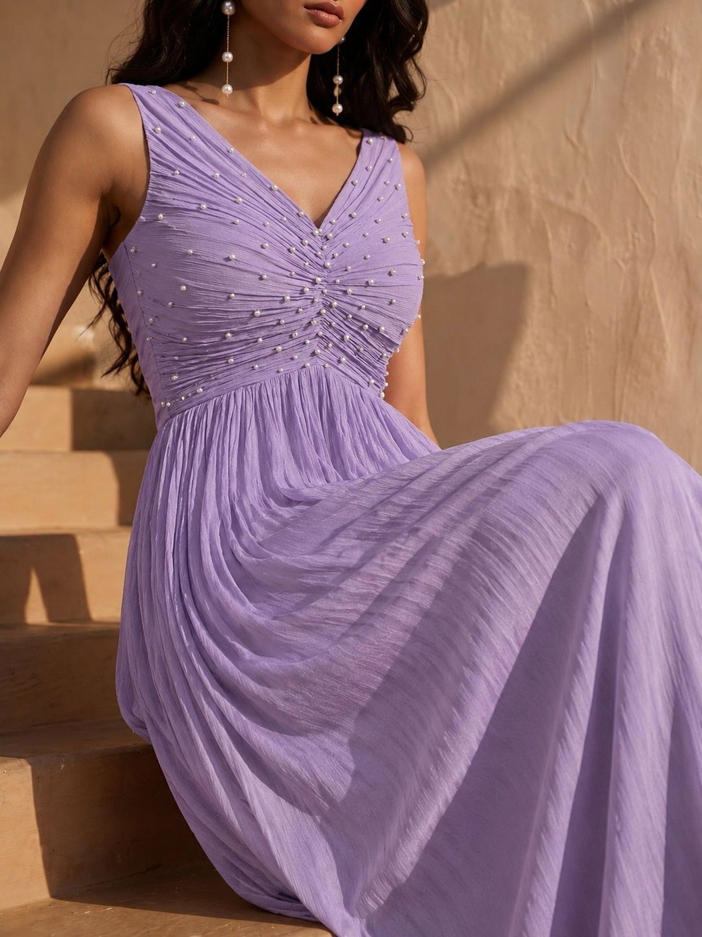 Lilac Pearl Embellished Chinon Party Wear Pleated Evening Gown
