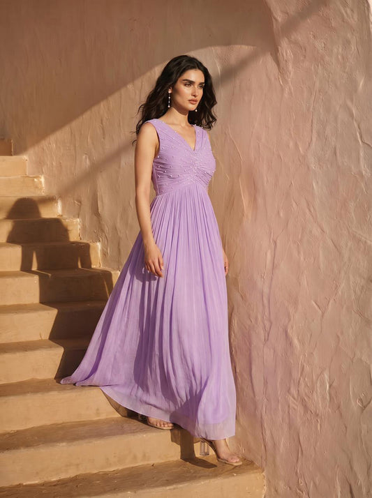Lilac Pearl Embellished Chinon Party Wear Pleated Evening Gown