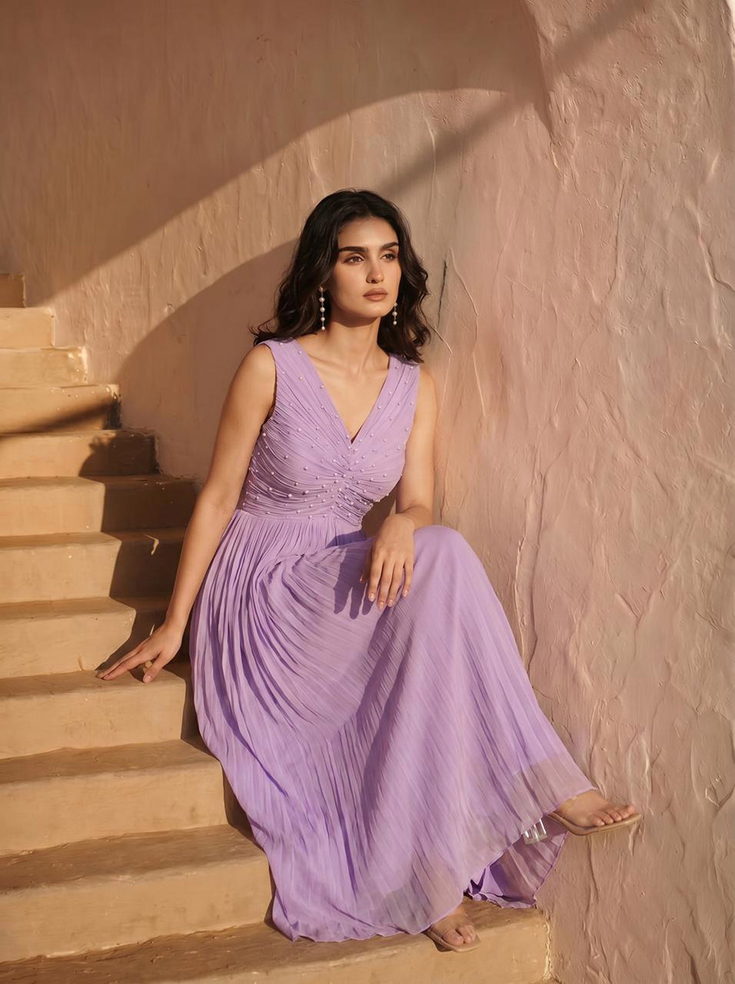 Lilac Pearl Embellished Chinon Party Wear Pleated Evening Gown