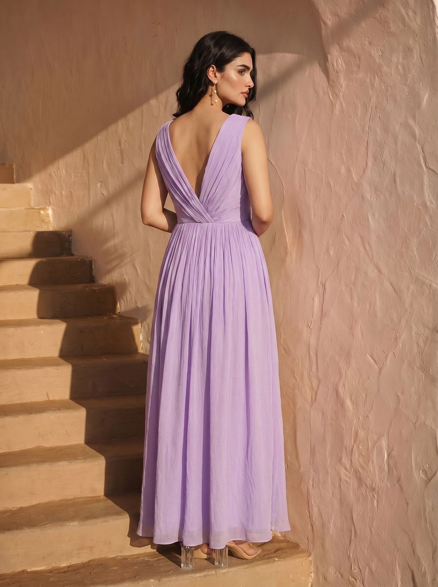 Lilac Pearl Embellished Chinon Party Wear Pleated Evening Gown