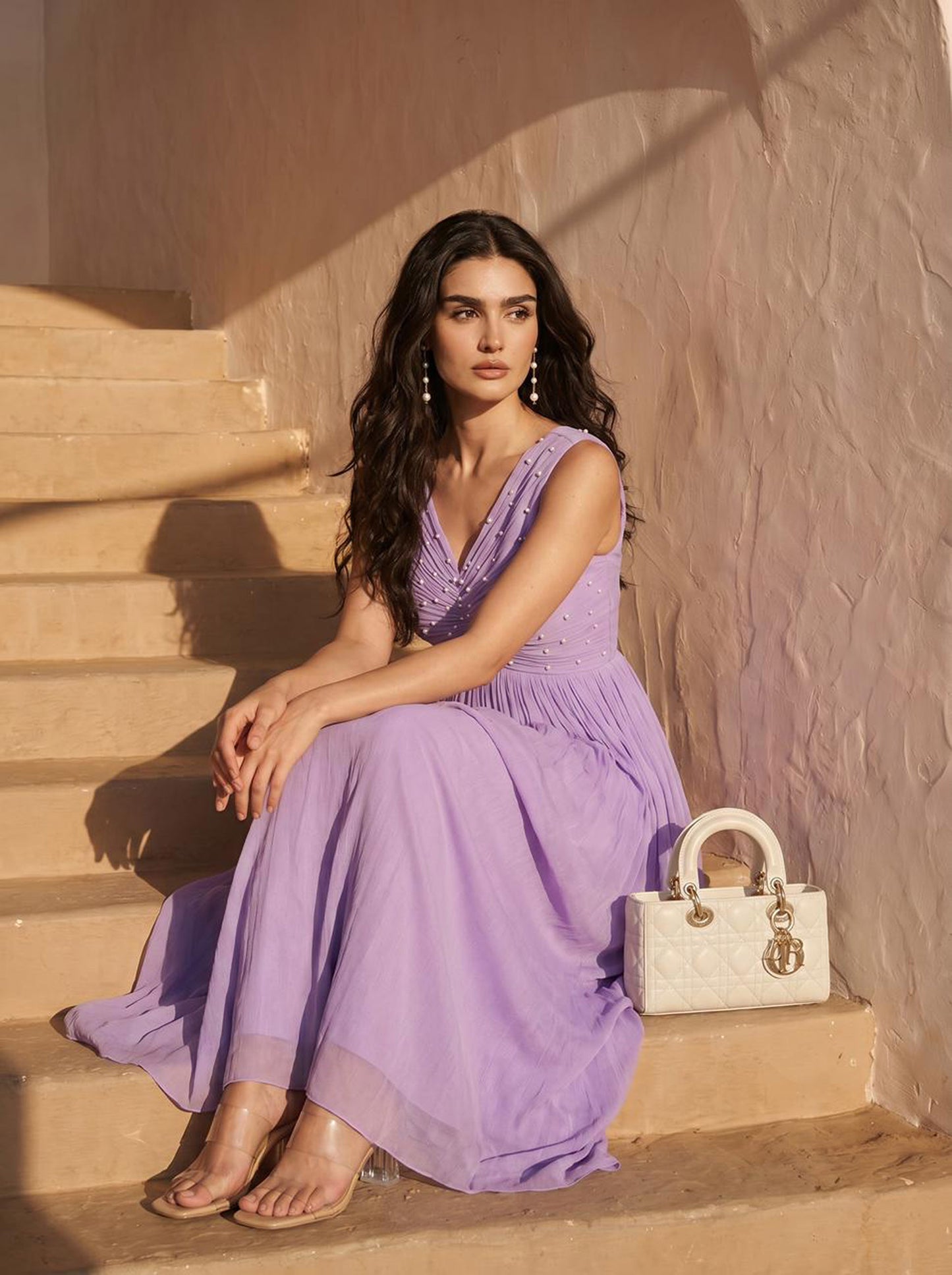 Lilac Pearl Embellished Chinon Party Wear Pleated Evening Gown