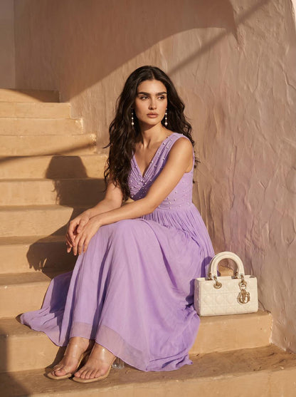 Lilac Pearl Embellished Chinon Party Wear Pleated Evening Gown