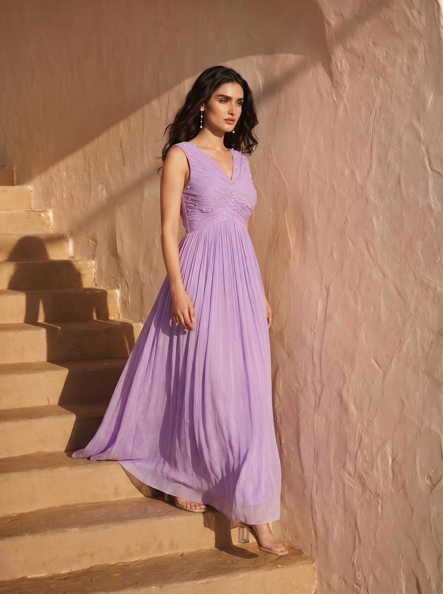 Lilac Pearl Embellished Chinon Party Wear Pleated Evening Gown